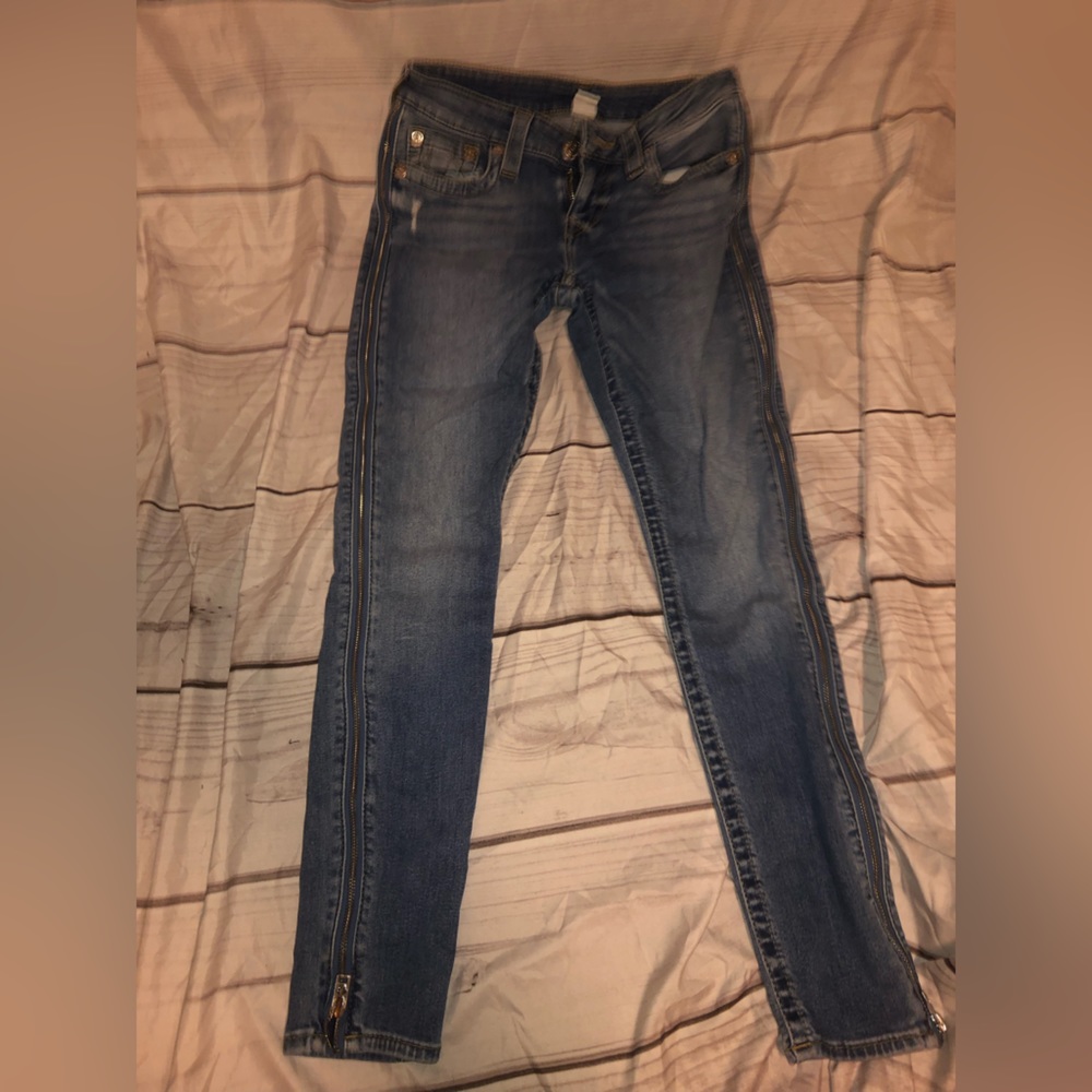 Women true religion jeans size 27 super skinny side zippers on legs